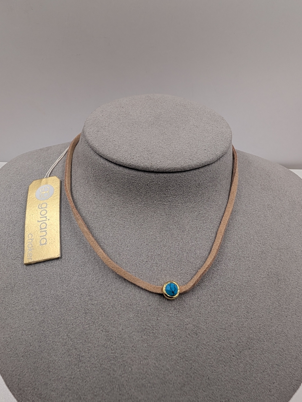 NWT Gorjana Gold Tone Tan Leather Suede Turquoise Slider Choker Necklace M108